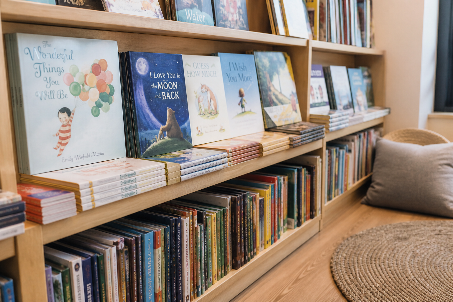 Children’s picture books on low wooden shelves