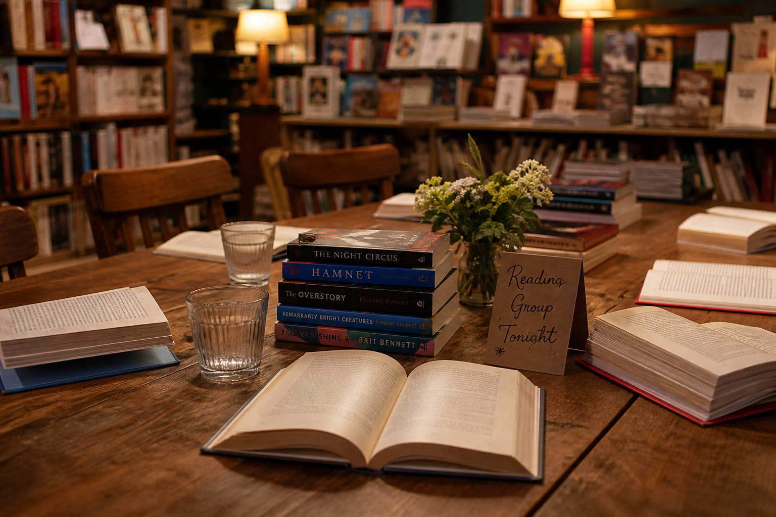 Wooden reading-club table with stacked novels and open books