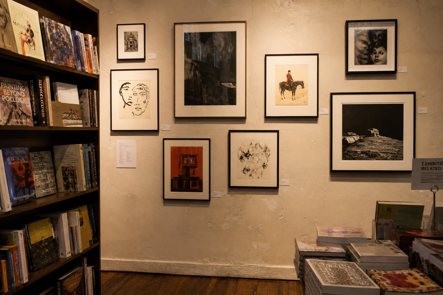 Framed artworks hanging beside art books in the shop gallery