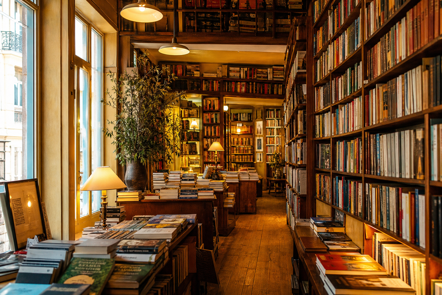 Warm aisle of wooden shelves packed with books at Livraria Calçada