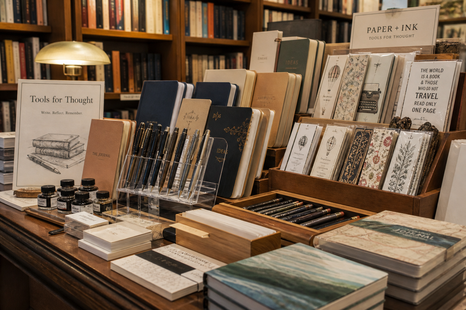 Fountain pens, notebooks, and ink on a wooden stationery table