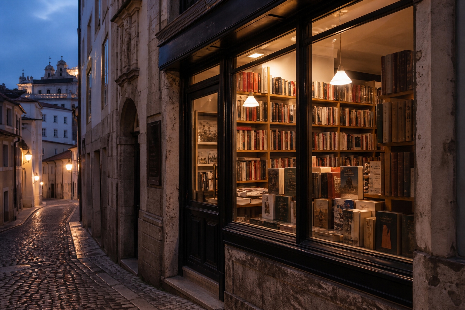 Bookshop window glowing onto a cobbled Coimbra street at dusk